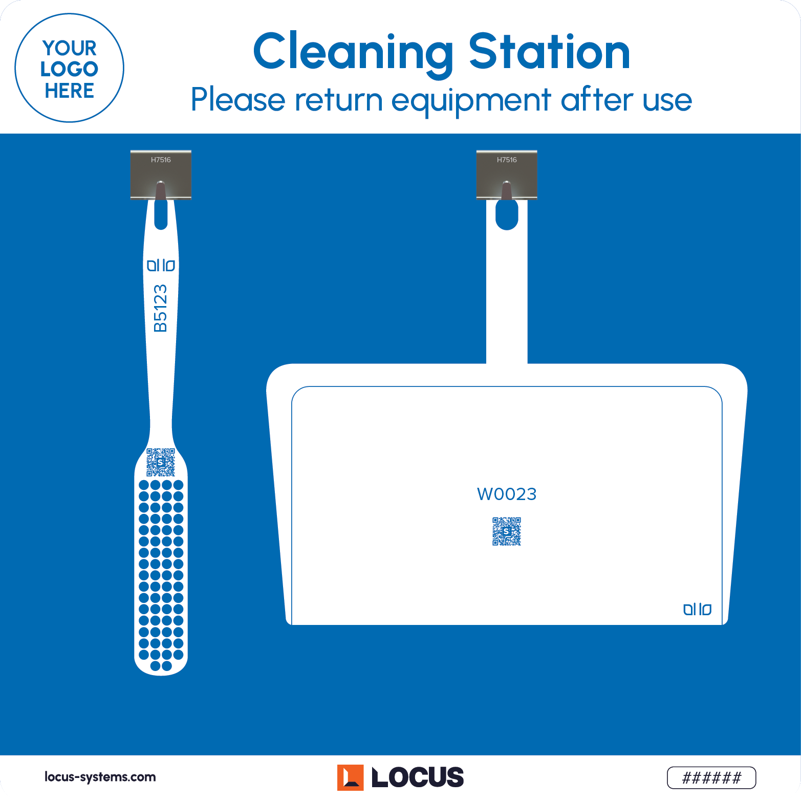 Dustpan and brush station standard design in blue with Locus branding