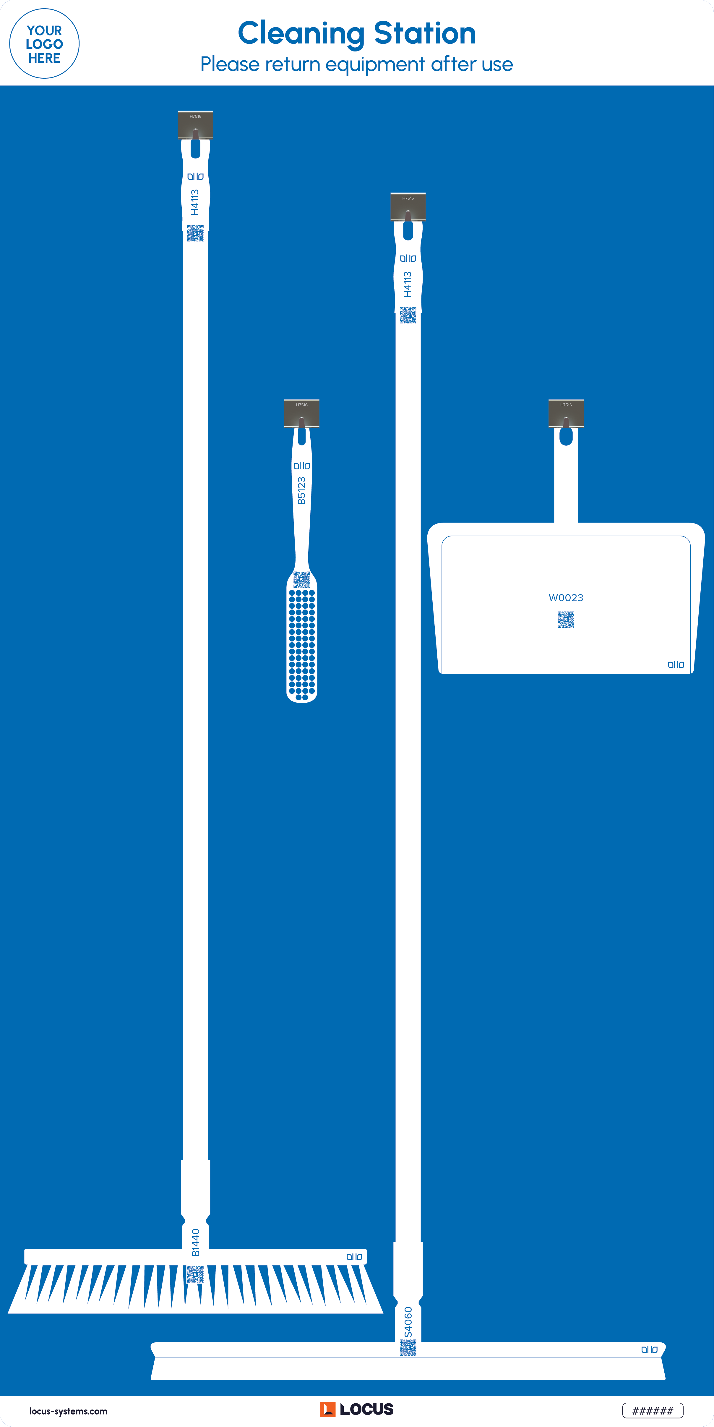 Floor cleaning station with squeegee standard design in blue with Locus branding