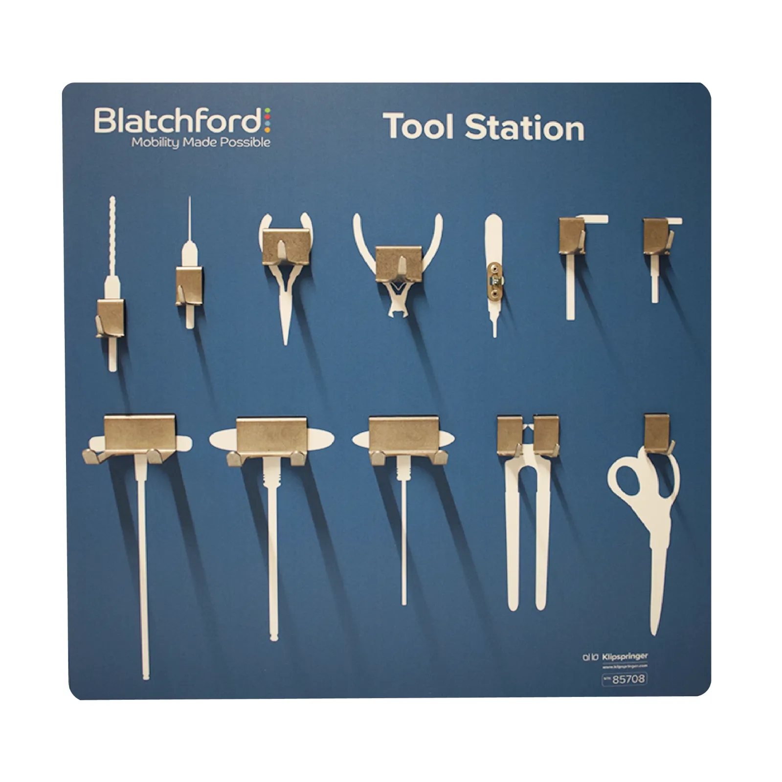 Blatchford branded tool station with stainless clips for precision tools and scissors