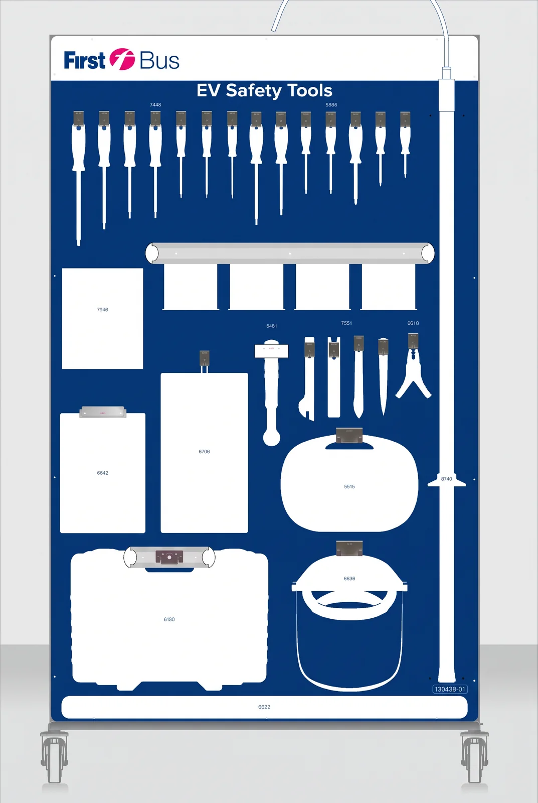 First Bus EV safety tools shadow board with screwdrivers, pliers, rescue hook, face shield and storage cases on a dark blue panel