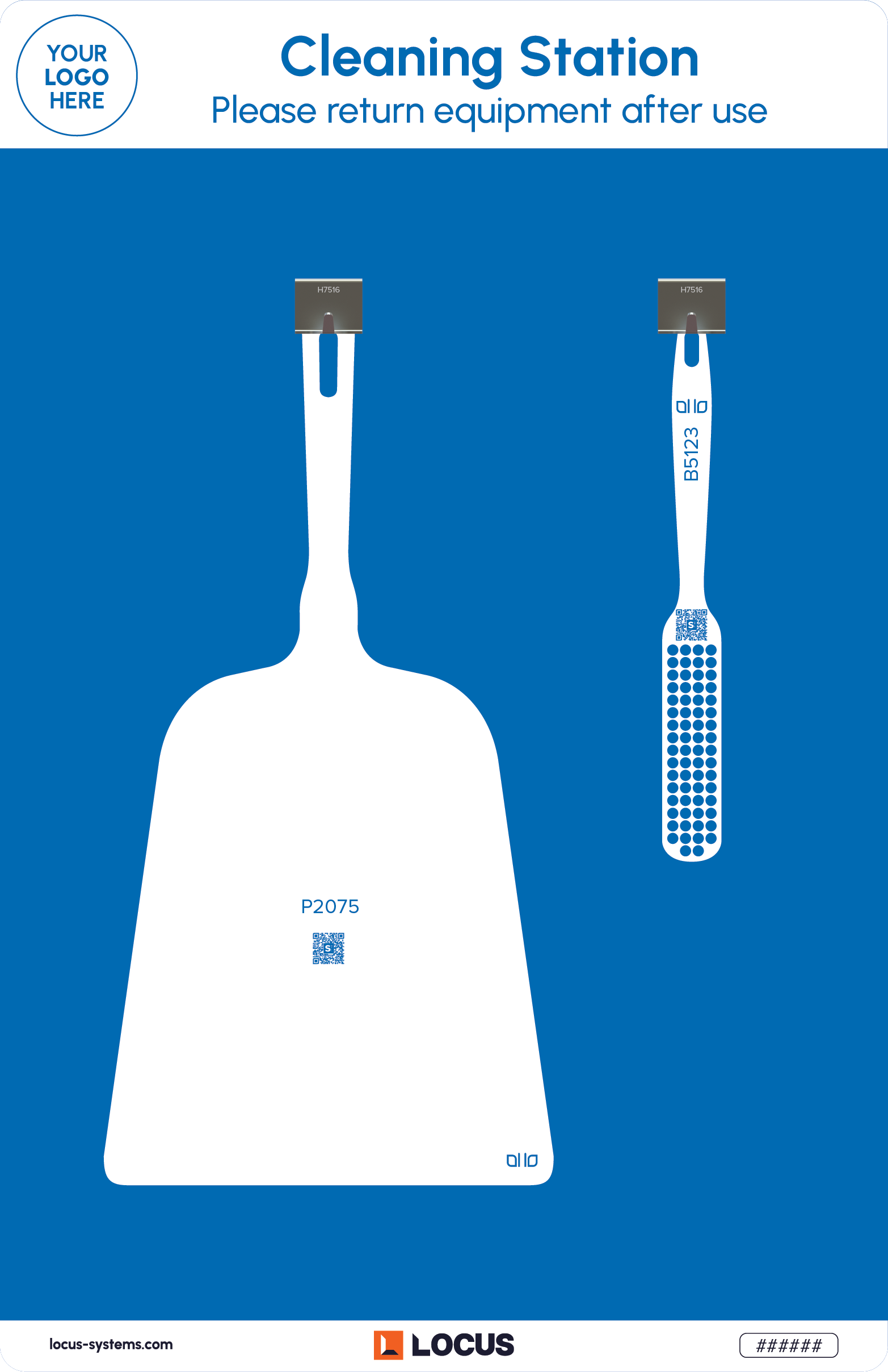 Hand shovel and brush station standard design in blue with Locus branding
