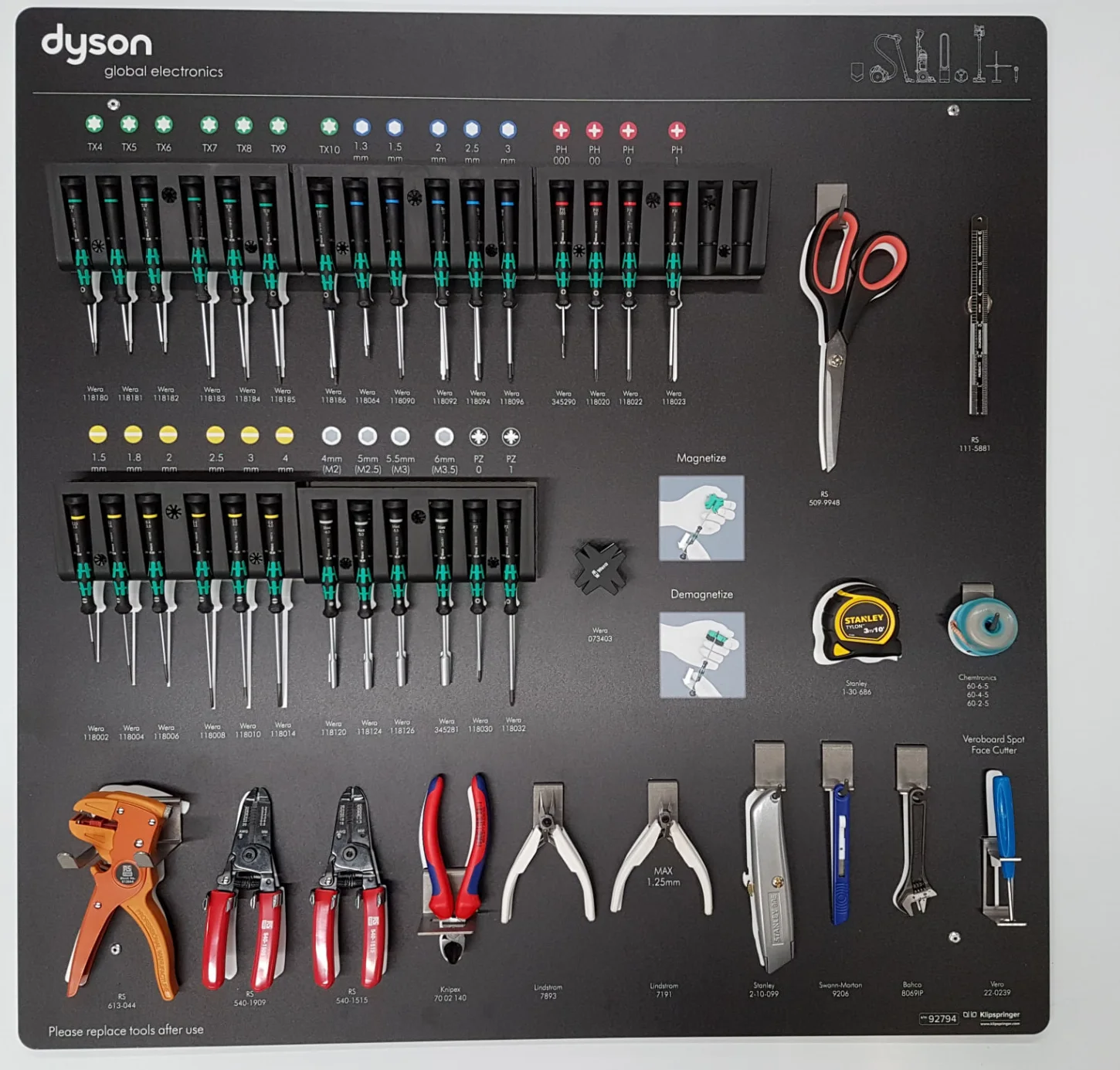 Black shadow board for Dyson electronics with precision screwdrivers, pliers, cutters and scissors in labelled positions