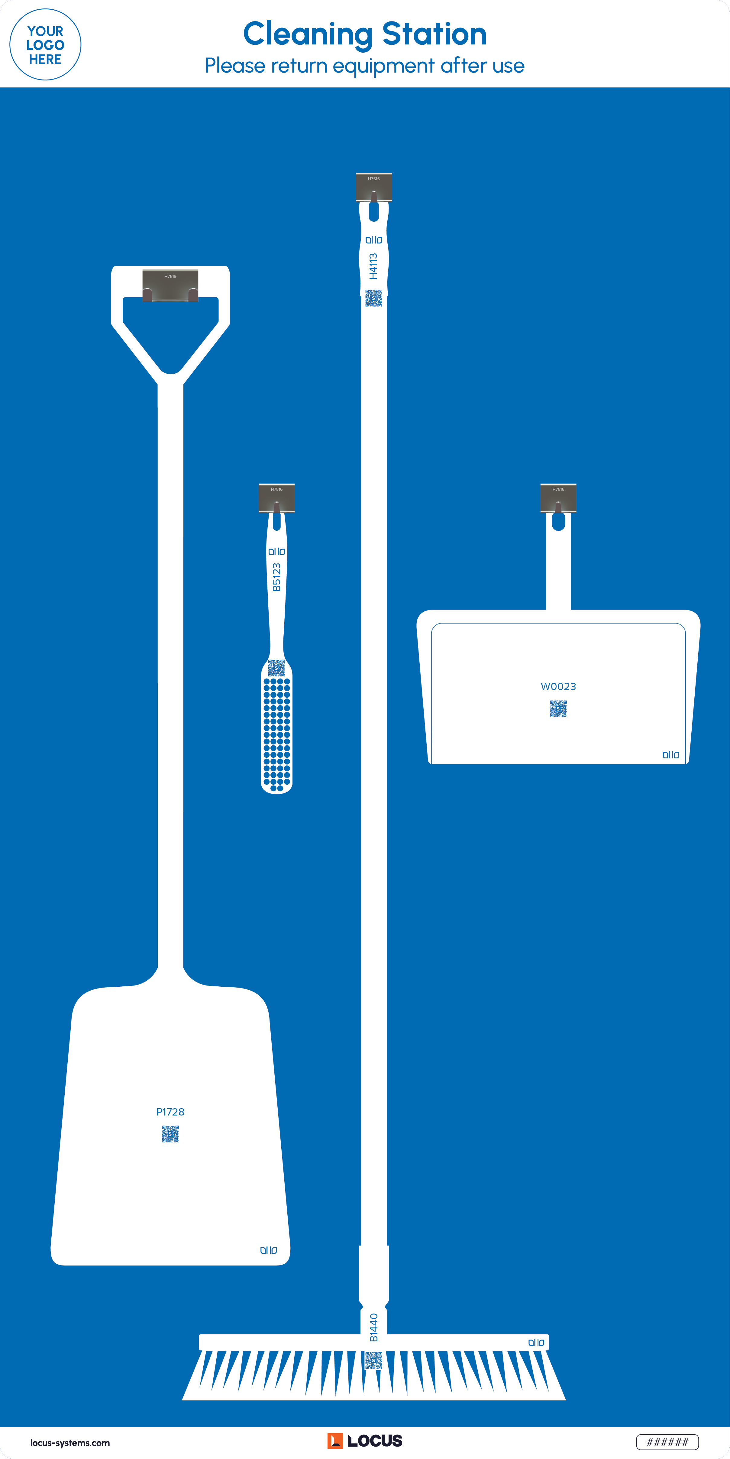 Floor cleaning station with shovel standard design in blue with Locus branding
