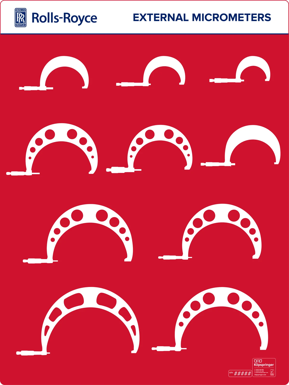 Red Rolls-Royce shadow board with labelled positions for ten external micrometers