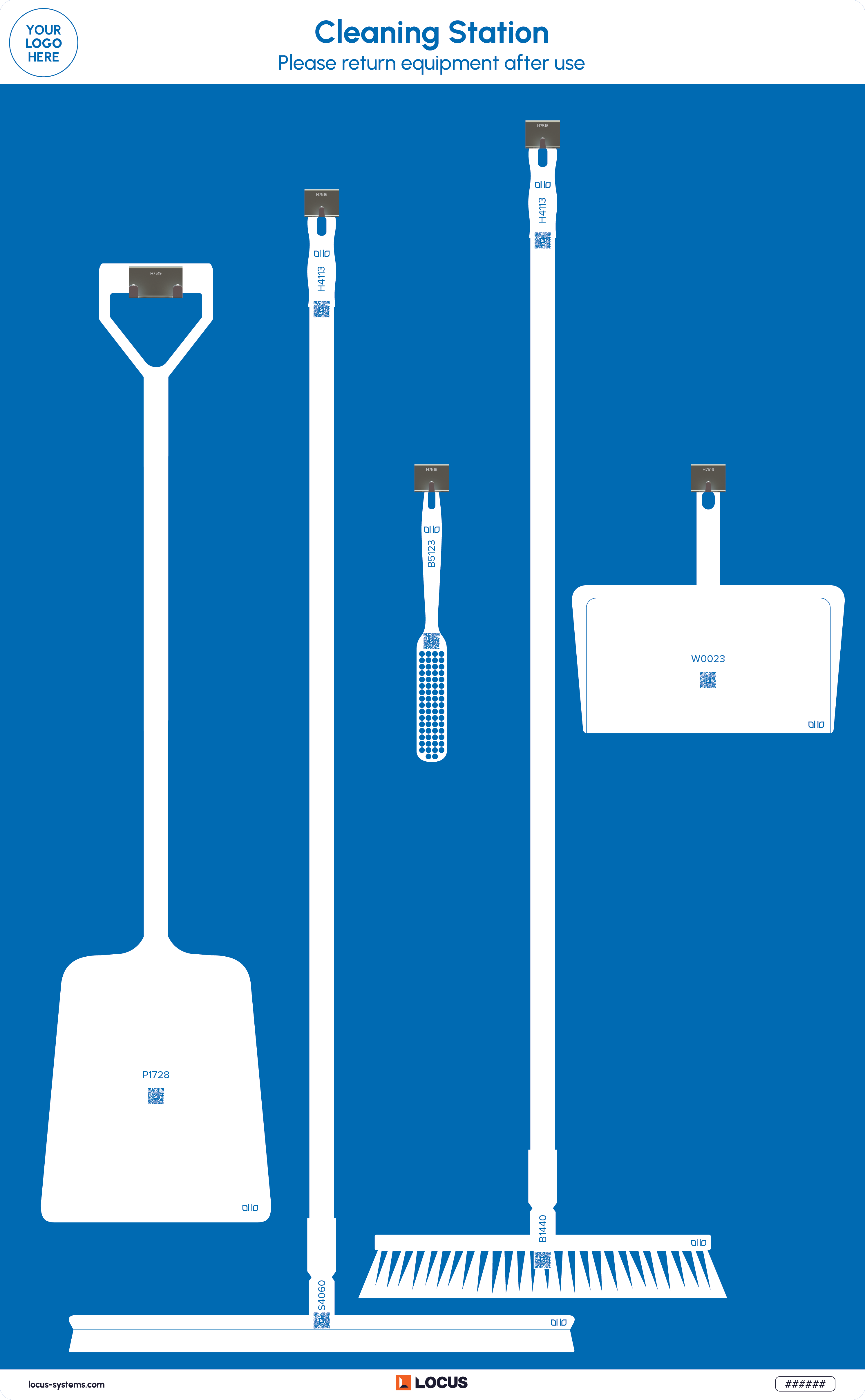 Floor cleaning station with squeegee and shovel standard design in blue with Locus branding