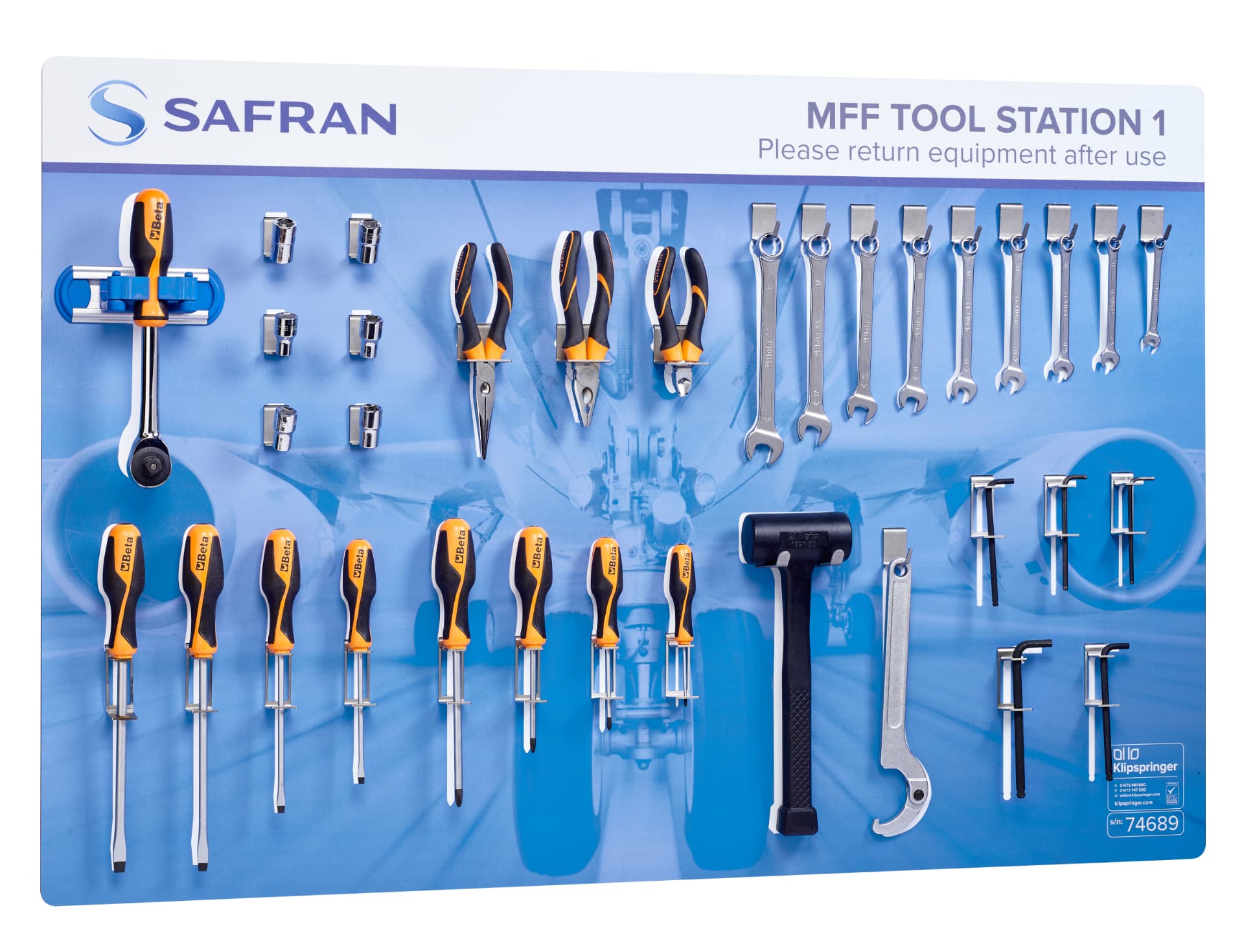 Safran MFF tool station with spanners, screwdrivers, sockets, mallet and specialist hand tools in labelled positions
