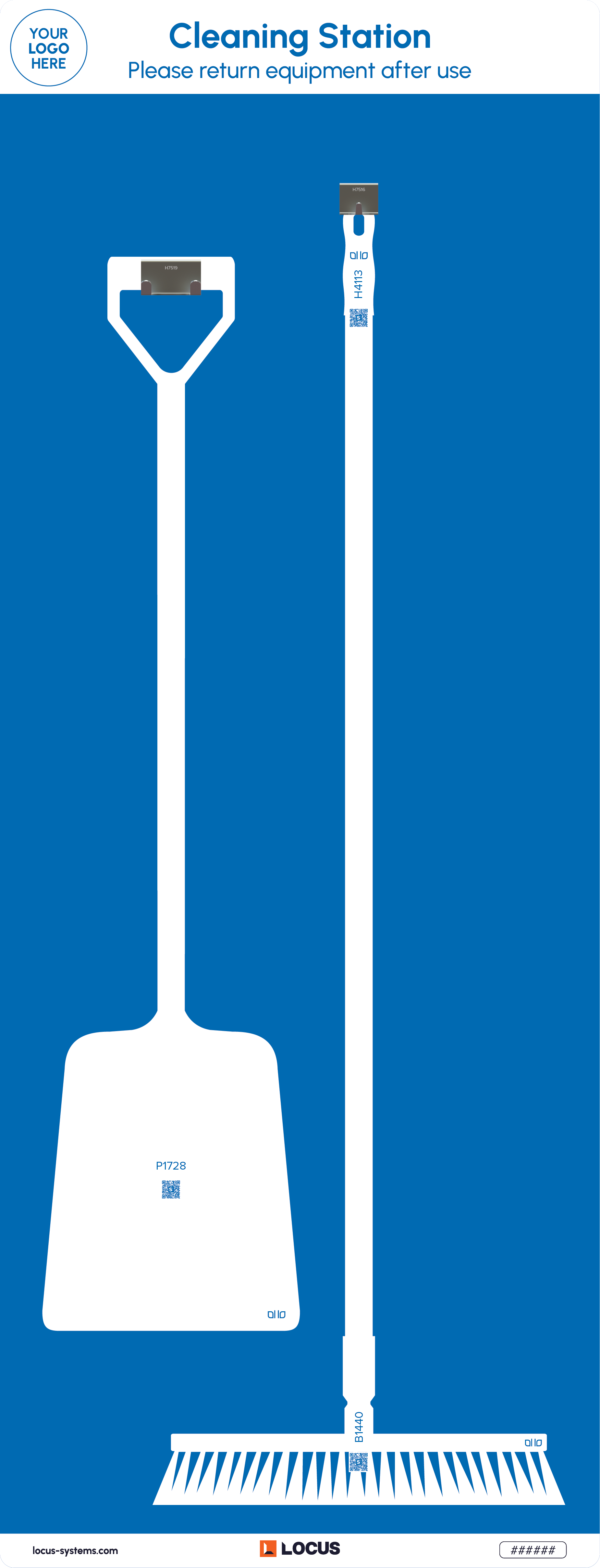 Floor sweeper and shovel station standard design in blue with Locus branding