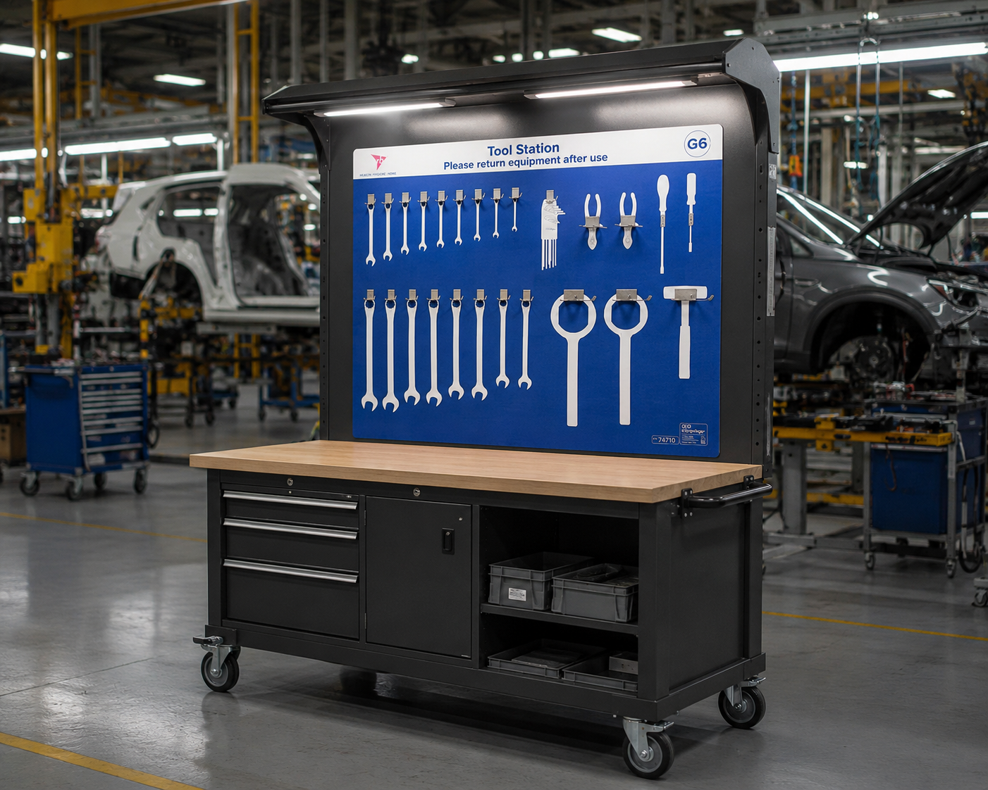 Bench-mounted blue tool shadow board fitted to a mobile industrial workstation