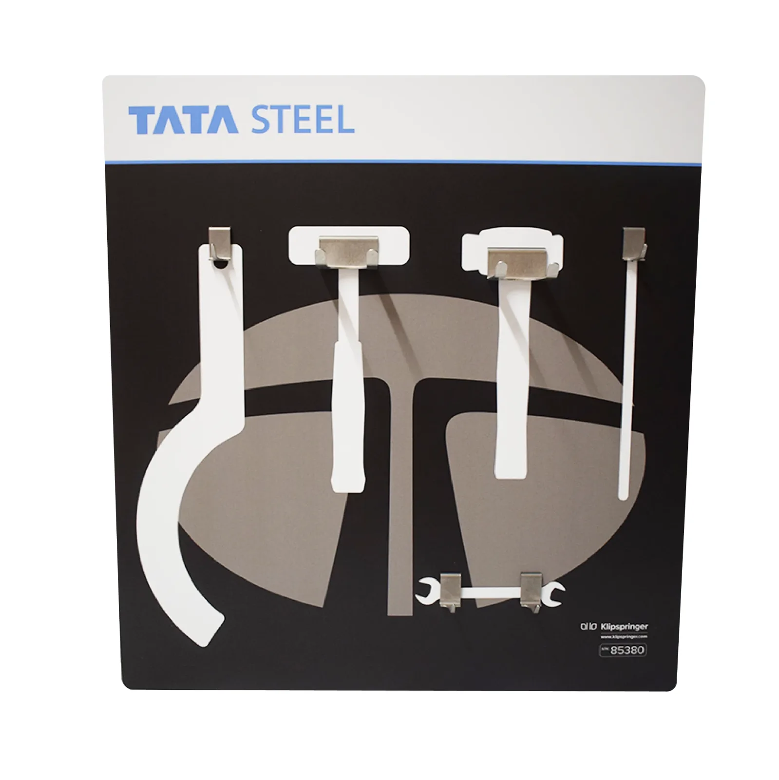 Tata Steel branded shadow board with stainless brackets holding a hook spanner, club hammer and punches