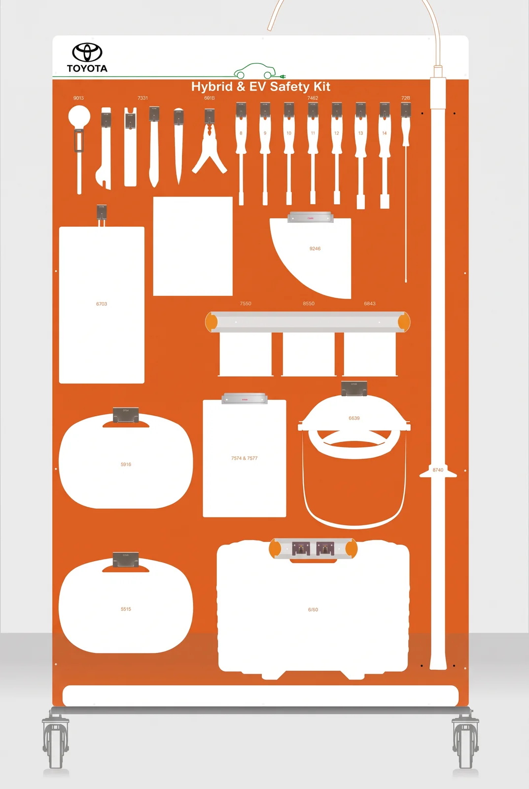 Toyota hybrid and EV safety kit shadow board on an orange panel with screwdrivers, pliers, rescue hook and face shield in labelled positions