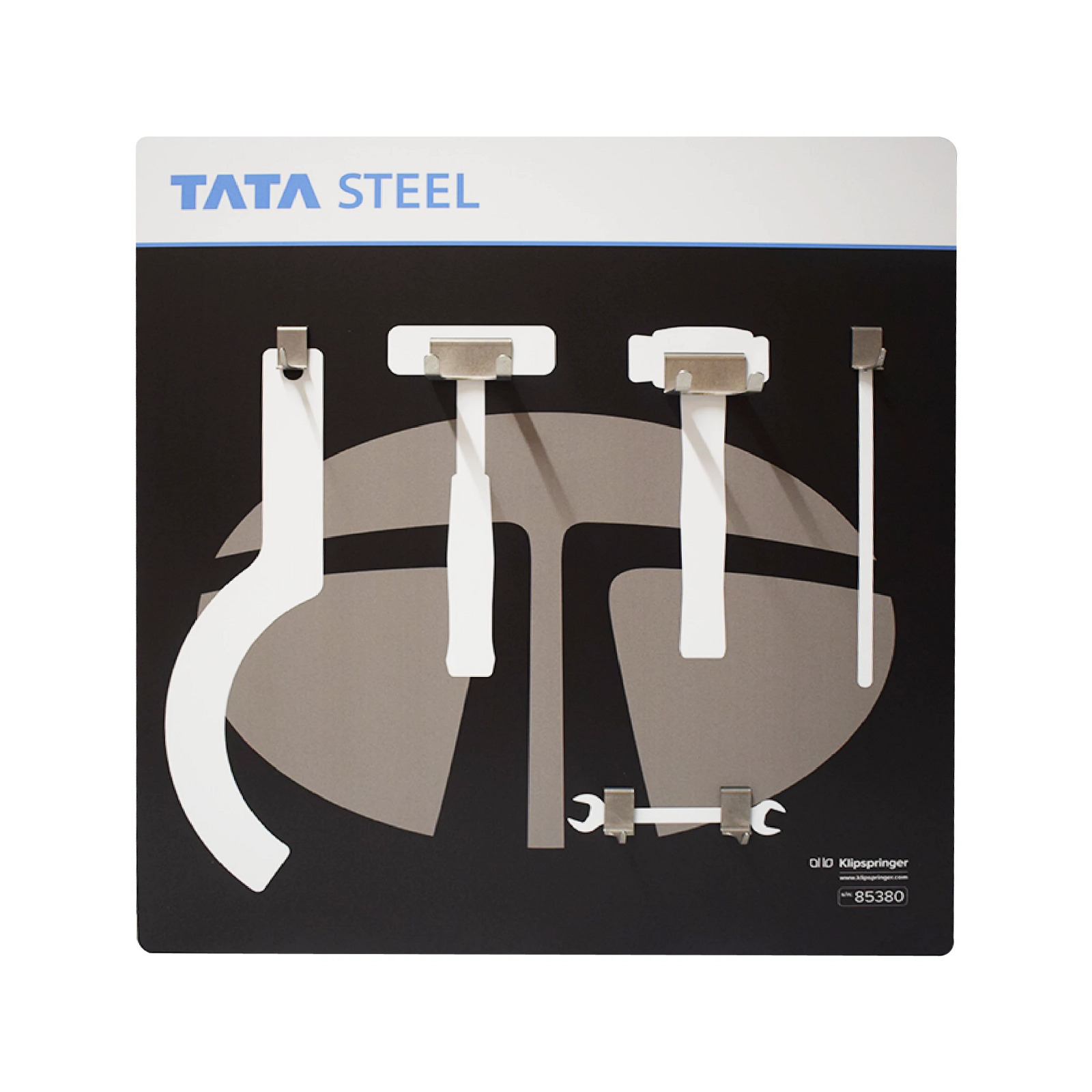 Face-on Tata Steel tool shadow board with five specification markers