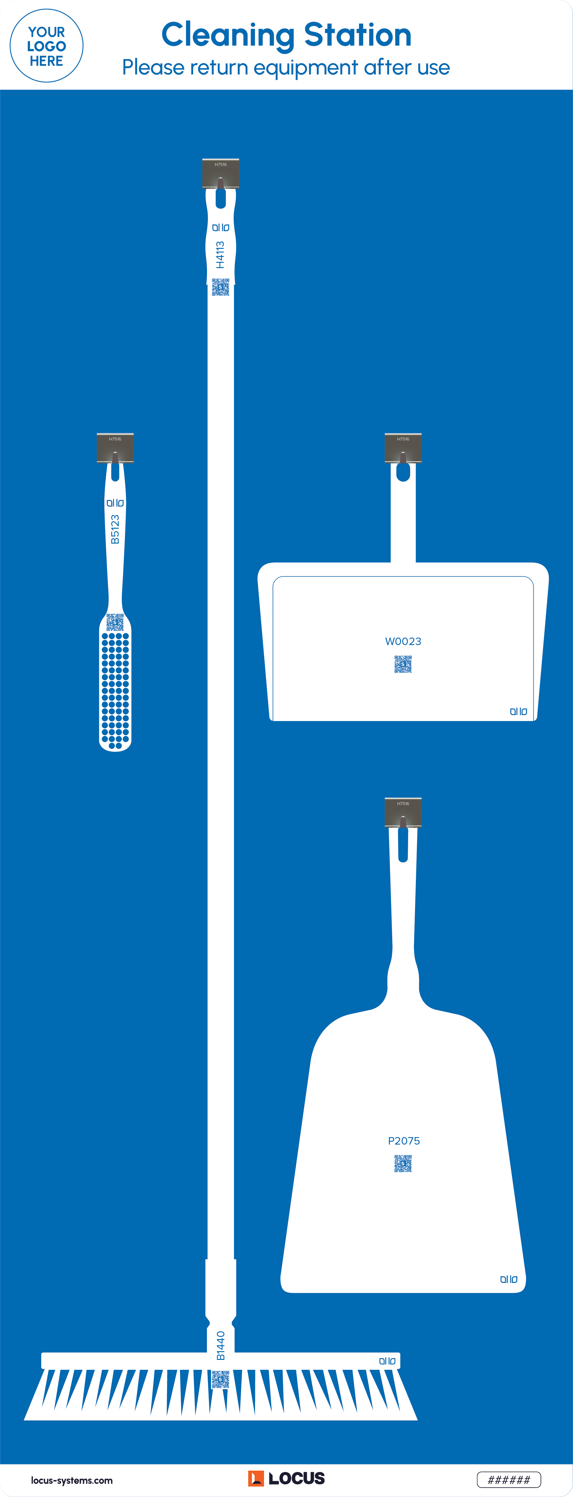 Floor cleaning station with hand shovel standard design in blue with Locus branding