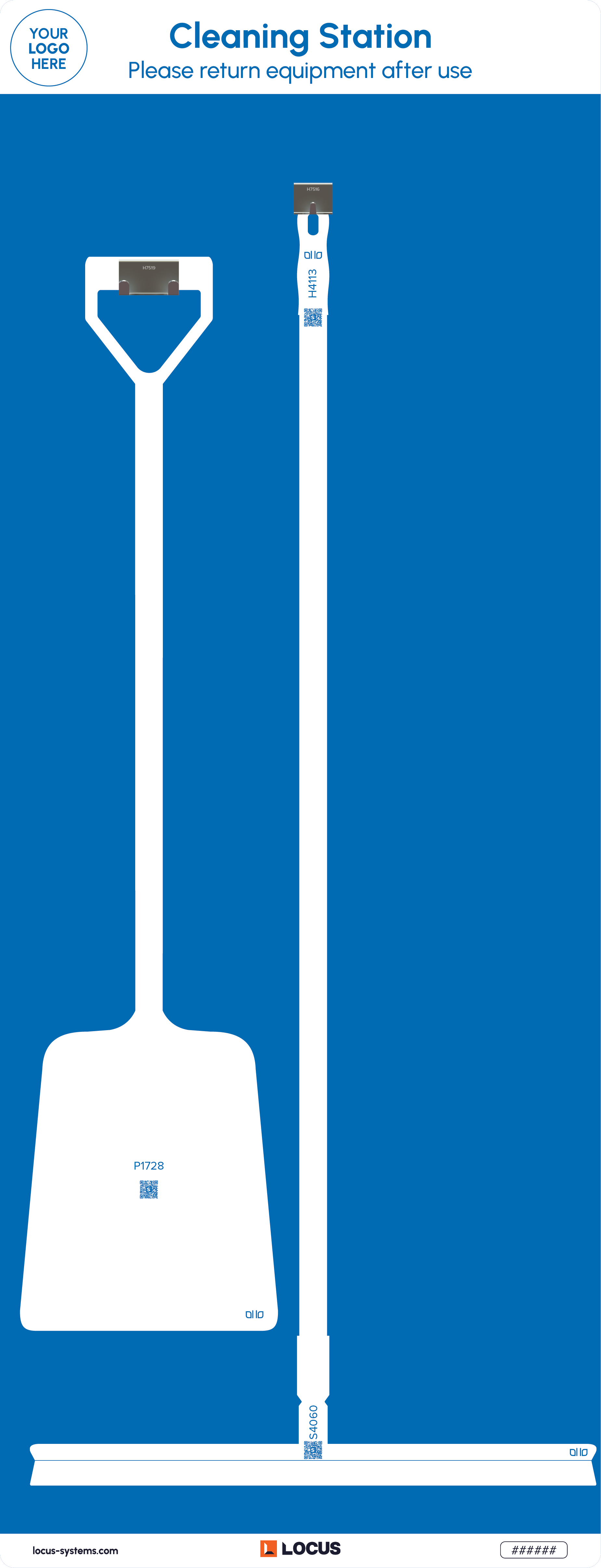 Shovel and squeegee station standard design in blue with Locus branding