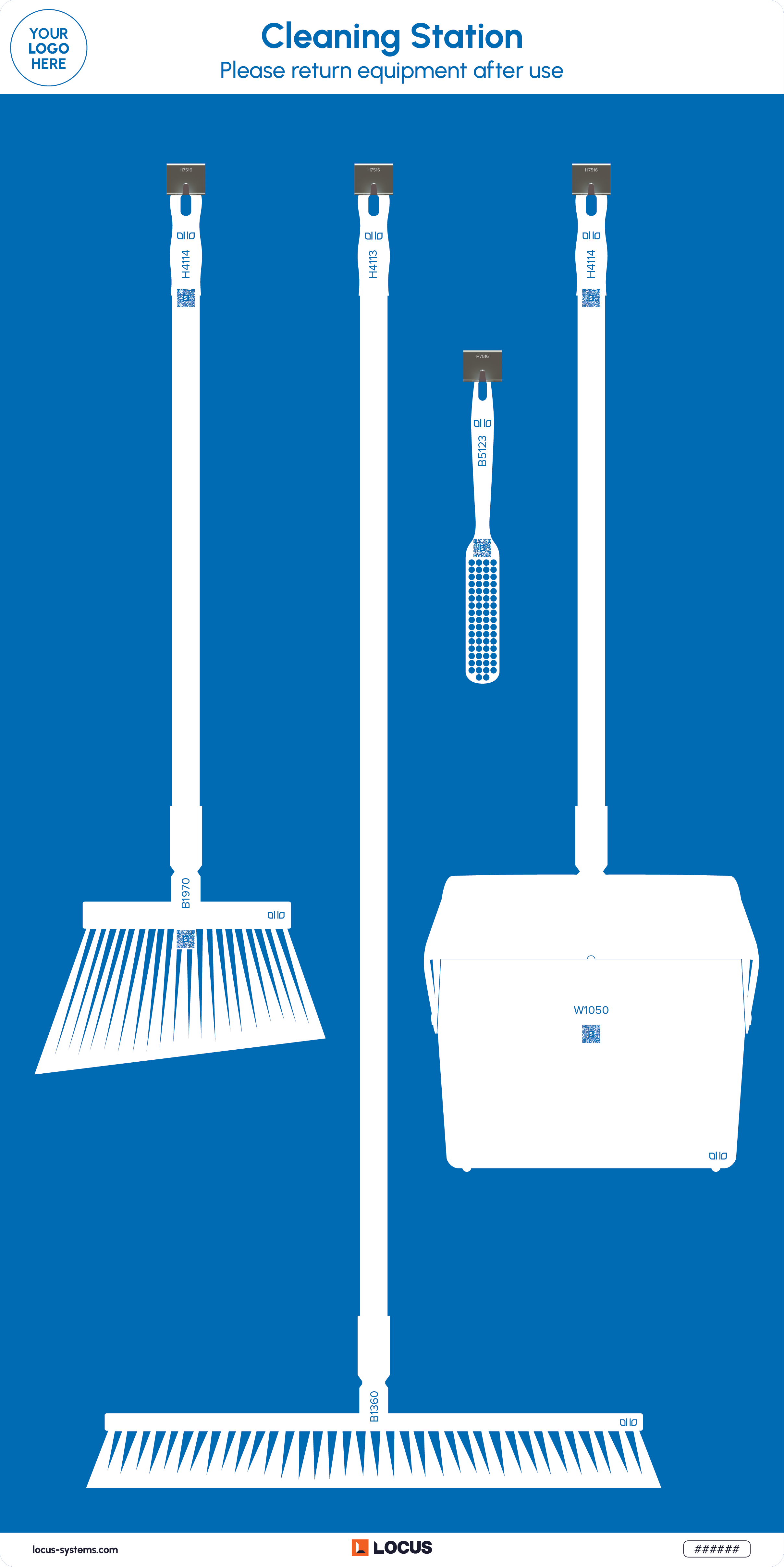 Floor sweeping station with lobby pan standard design in blue with Locus branding