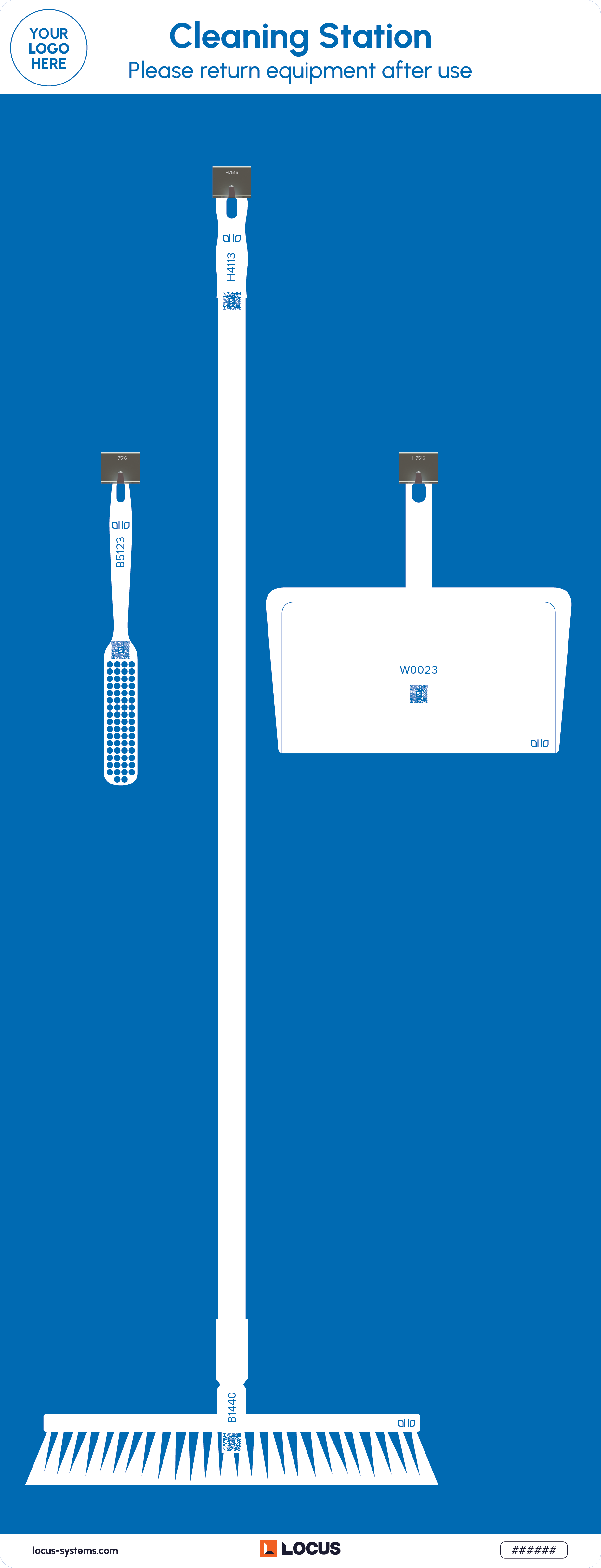 Floor sweeping station standard design in blue with Locus branding