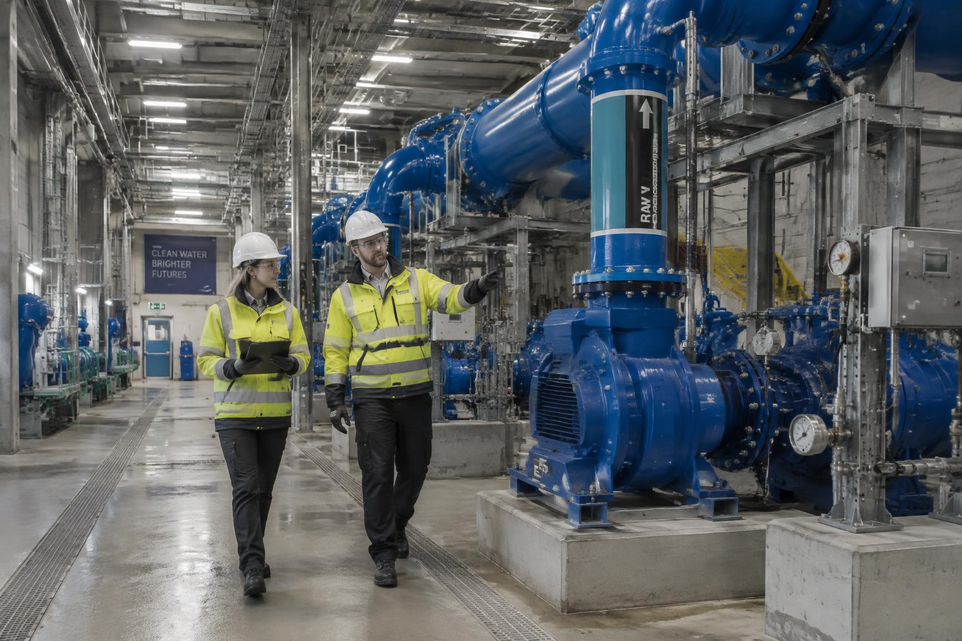 Engineers walking through a water treatment works plant room lined with blue pipework and pumps